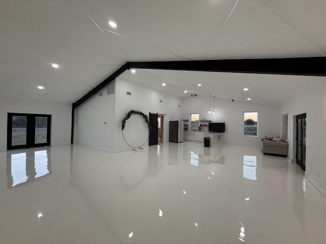 interior space featuring vaulted ceiling with beams and recessed lighting