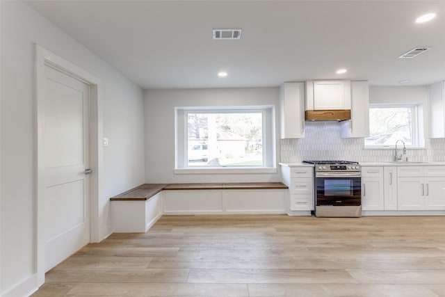 kitchen with light wood finished floors, stainless steel range with gas stovetop, visible vents, and a sink