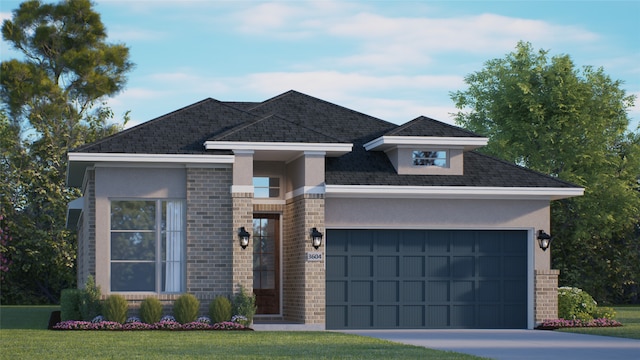 view of front of house featuring driveway, an attached garage, stucco siding, a front lawn, and brick siding