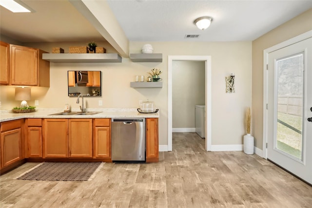 kitchen featuring visible vents, open shelves, a sink, light countertops, and stainless steel dishwasher