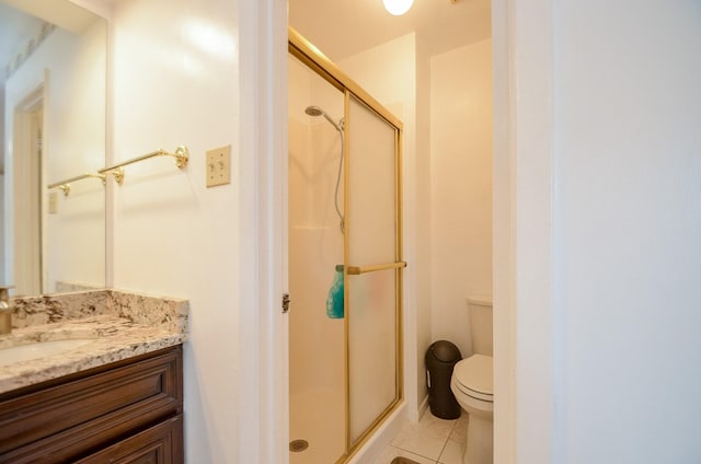 full bath featuring vanity, toilet, a shower stall, and tile patterned flooring