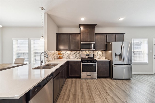 kitchen featuring dark brown cabinetry, stainless steel appliances, tasteful backsplash, and a sink