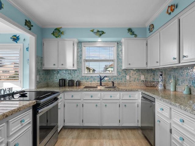 kitchen with light wood finished floors, a sink, appliances with stainless steel finishes, white cabinetry, and tasteful backsplash