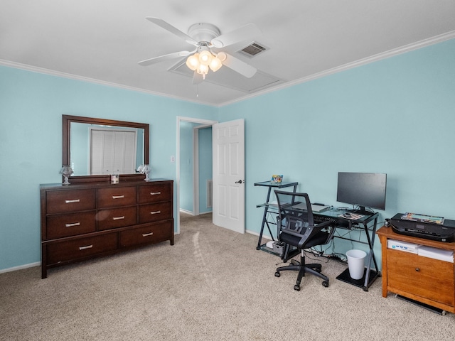 office area with visible vents, light carpet, ceiling fan, and ornamental molding