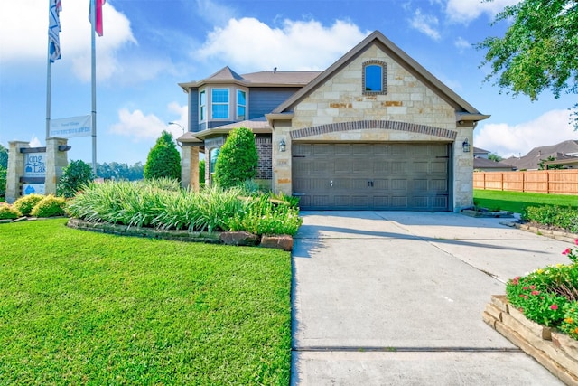 view of front of home with a front lawn, concrete driveway, fence, and stone siding