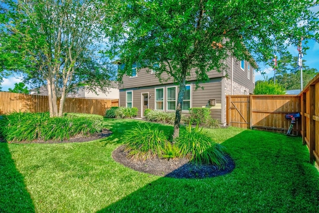 view of yard with a fenced backyard and a gate