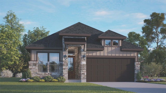 view of front of house with a front yard, driveway, roof with shingles, stone siding, and board and batten siding