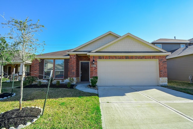 ranch-style house with brick siding, an attached garage, driveway, and a front yard