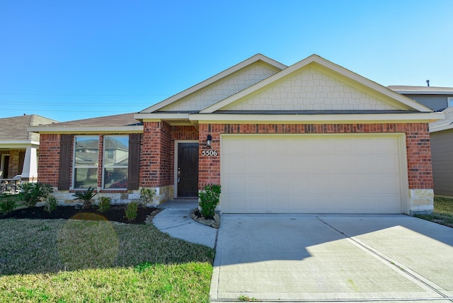 ranch-style home featuring brick siding, driveway, a front yard, and a garage