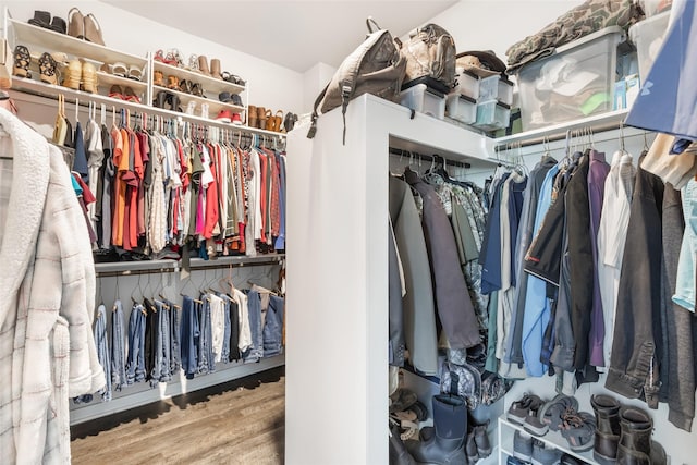 walk in closet with wood finished floors