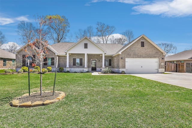 view of front of home featuring brick siding, concrete driveway, a garage, and a front yard