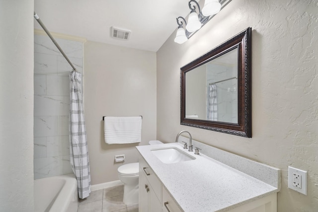 full bath featuring tile patterned floors, visible vents, toilet, baseboards, and vanity