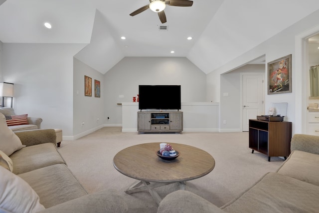 living room featuring baseboards, lofted ceiling, recessed lighting, ceiling fan, and light colored carpet