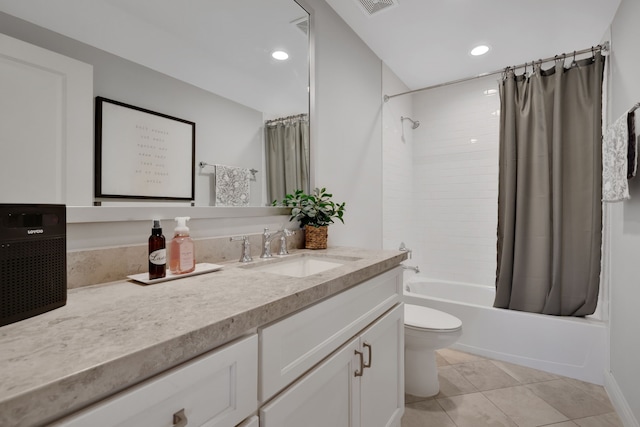 bathroom featuring vanity, shower / bathtub combination with curtain, recessed lighting, tile patterned flooring, and toilet