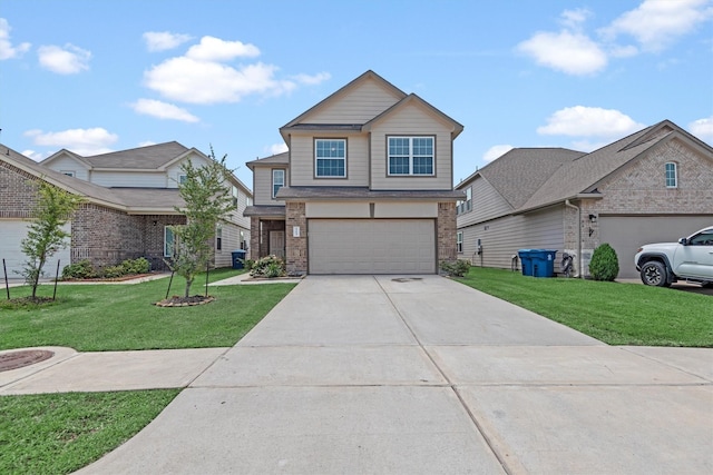 view of front facade featuring brick siding, a garage, a front lawn, and driveway