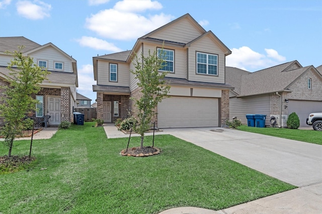 view of front of property with a front lawn, concrete driveway, and an attached garage