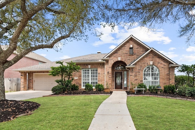 view of front of house with brick siding, a front yard, concrete driveway, and an attached garage