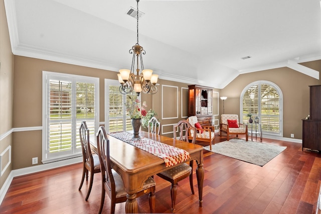 dining area featuring visible vents, baseboards, lofted ceiling, an inviting chandelier, and dark wood-style floors