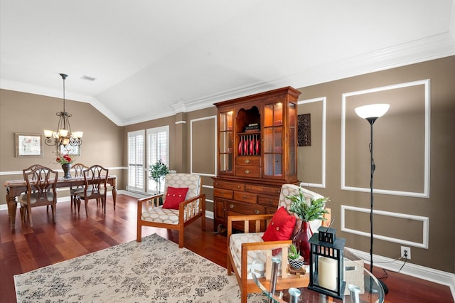 living room with vaulted ceiling, visible vents, a notable chandelier, and dark wood-style flooring