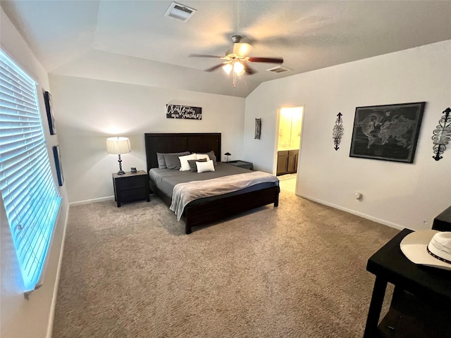 bedroom with visible vents, baseboards, ceiling fan, and carpet flooring