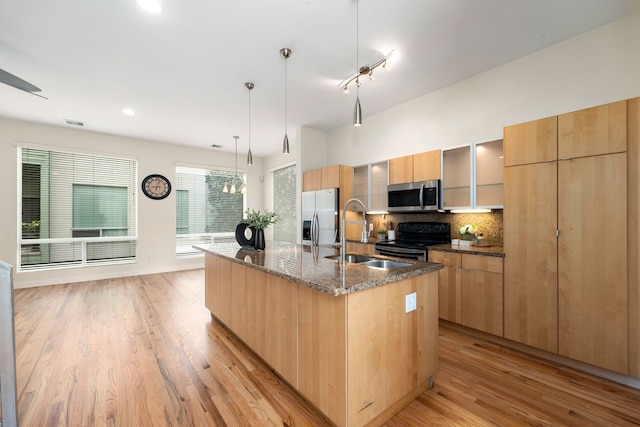 kitchen featuring light wood finished floors, backsplash, an island with sink, stainless steel appliances, and a sink