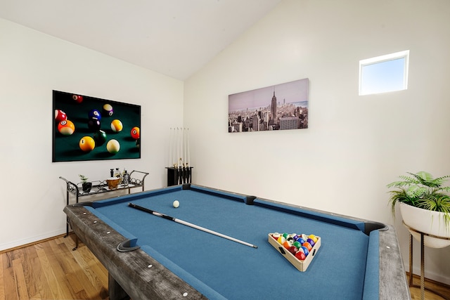 game room featuring pool table, wood finished floors, baseboards, and vaulted ceiling