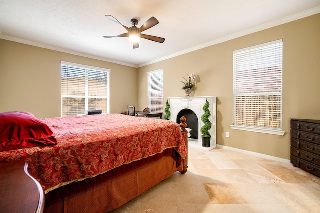 bedroom featuring ceiling fan, baseboards, ornamental molding, and access to exterior