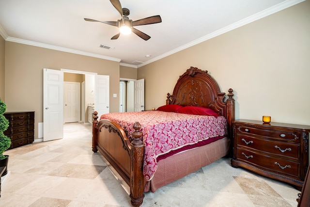 bedroom featuring ceiling fan, visible vents, and ornamental molding