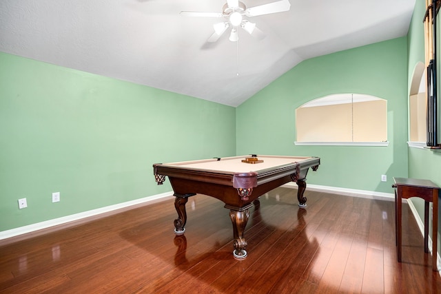 playroom featuring a ceiling fan, wood finished floors, baseboards, lofted ceiling, and pool table