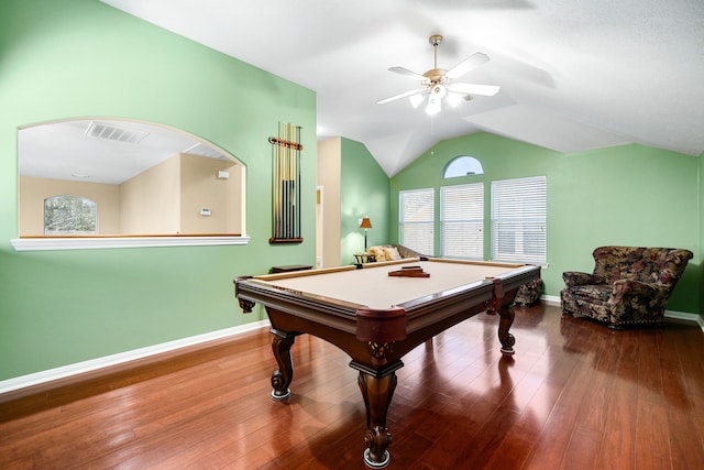 rec room featuring vaulted ceiling, visible vents, pool table, and wood finished floors