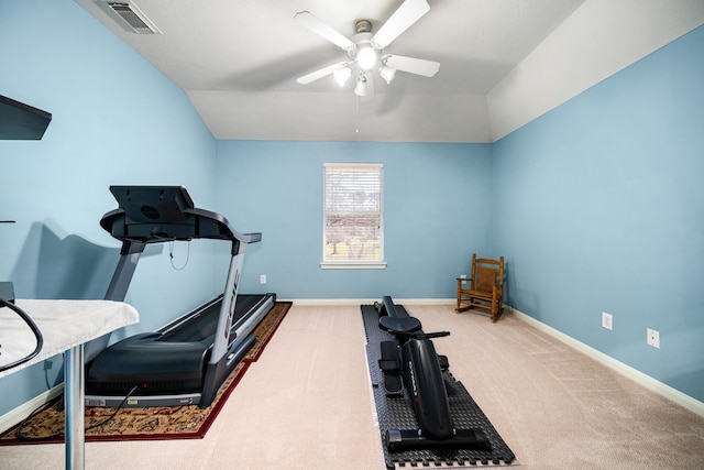 workout area featuring lofted ceiling, carpet, baseboards, and ceiling fan