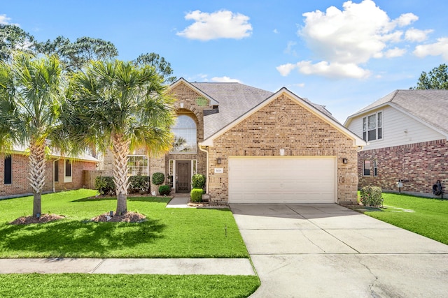 view of front of property featuring concrete driveway, a garage, brick siding, and a front yard