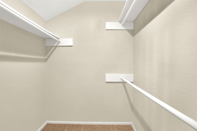 spacious closet featuring carpet flooring and lofted ceiling