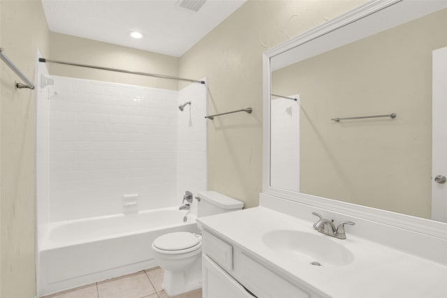 bathroom with visible vents, toilet, tile patterned flooring, bathing tub / shower combination, and vanity