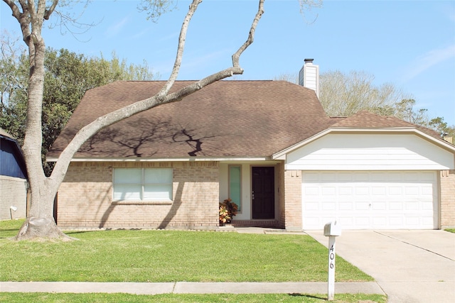 view of front of property featuring driveway, brick siding, a chimney, and an attached garage