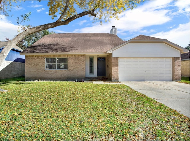 ranch-style house featuring a front yard, brick siding, a chimney, and an attached garage