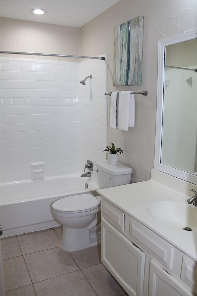 full bath with vanity, toilet, bathing tub / shower combination, and tile patterned flooring