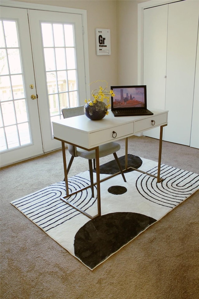 home office with light carpet