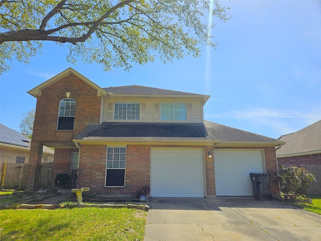 traditional home with brick siding, roof with shingles, driveway, and fence