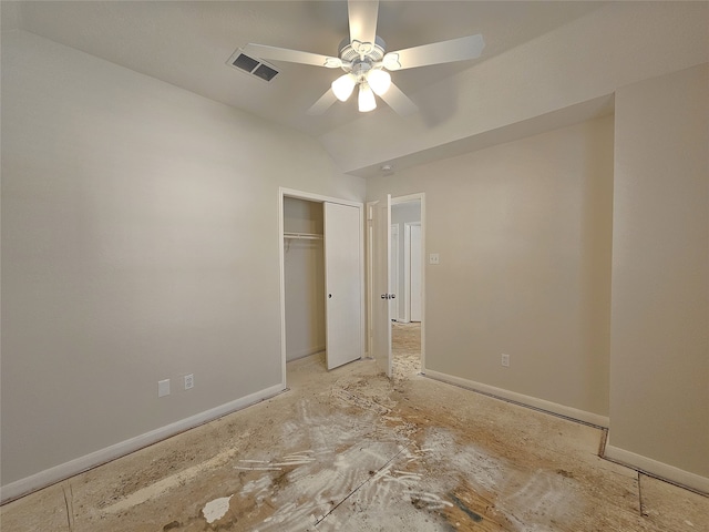 unfurnished bedroom with visible vents, ceiling fan, baseboards, vaulted ceiling, and a closet