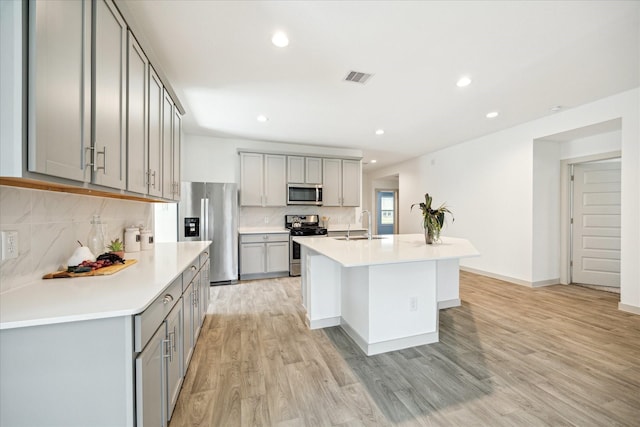 kitchen with appliances with stainless steel finishes, gray cabinetry, visible vents, and a sink