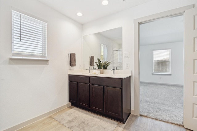 bathroom featuring wood finished floors, baseboards, double vanity, a sink, and an enclosed shower