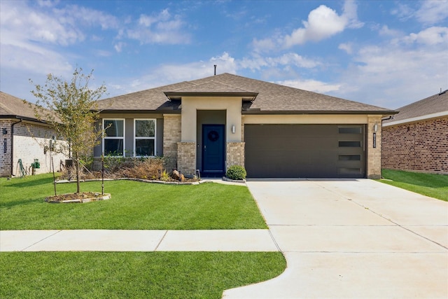 view of front of property with roof with shingles, a front lawn, concrete driveway, a garage, and brick siding