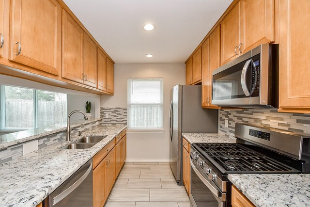 kitchen featuring light stone counters, stainless steel appliances, baseboards, and a sink