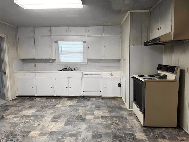 kitchen featuring white cabinets, white appliances, light countertops, and a sink