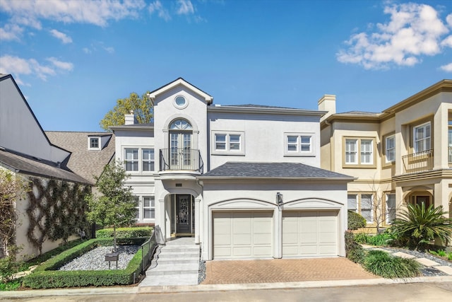 view of front of home featuring stucco siding, decorative driveway, a garage, a balcony, and a chimney