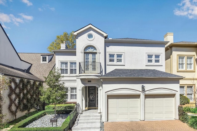 view of front of property with stucco siding, decorative driveway, a garage, a balcony, and a chimney