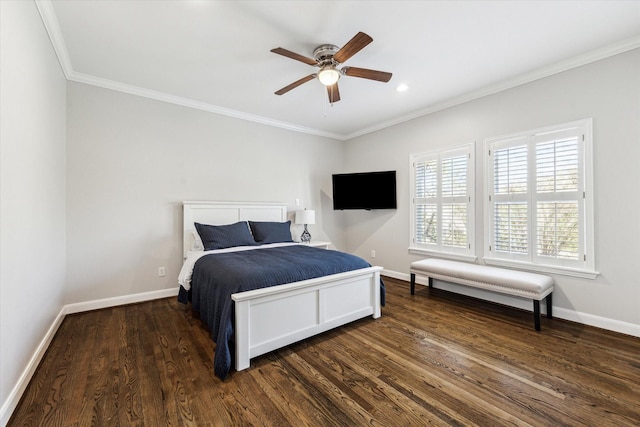 bedroom with dark wood-type flooring, recessed lighting, crown molding, baseboards, and ceiling fan