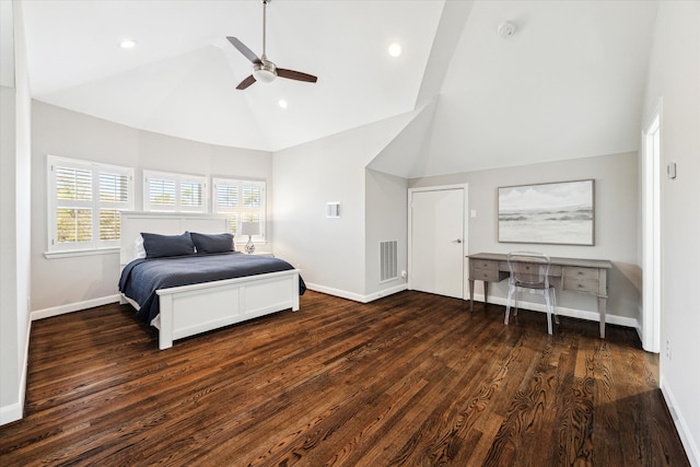 bedroom featuring wood finished floors, visible vents, baseboards, high vaulted ceiling, and recessed lighting