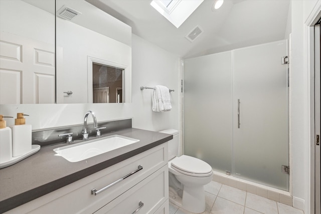 bathroom with tile patterned floors, visible vents, toilet, a shower stall, and vanity